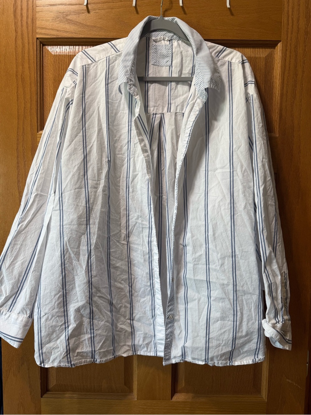 Women’s Lightweight Button-Up Shirt in White with Blue Stripes